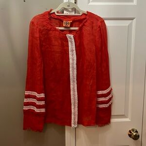 Tory Burch crisp linen blouse with intricate sleeve detail
